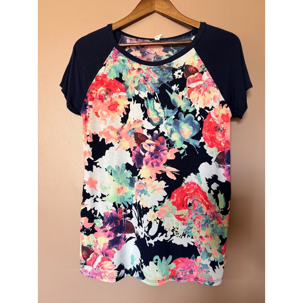 PinkBlush Medium Navy Blue Floral Raglan Short Sleeve T-Shirt Stretch Casual Top